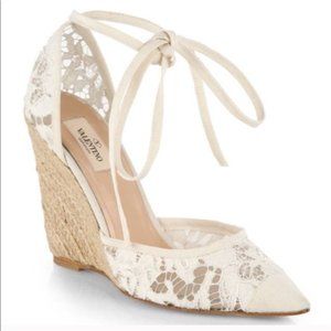 Valentino Off White Lace Up Espadrille Wedges 38